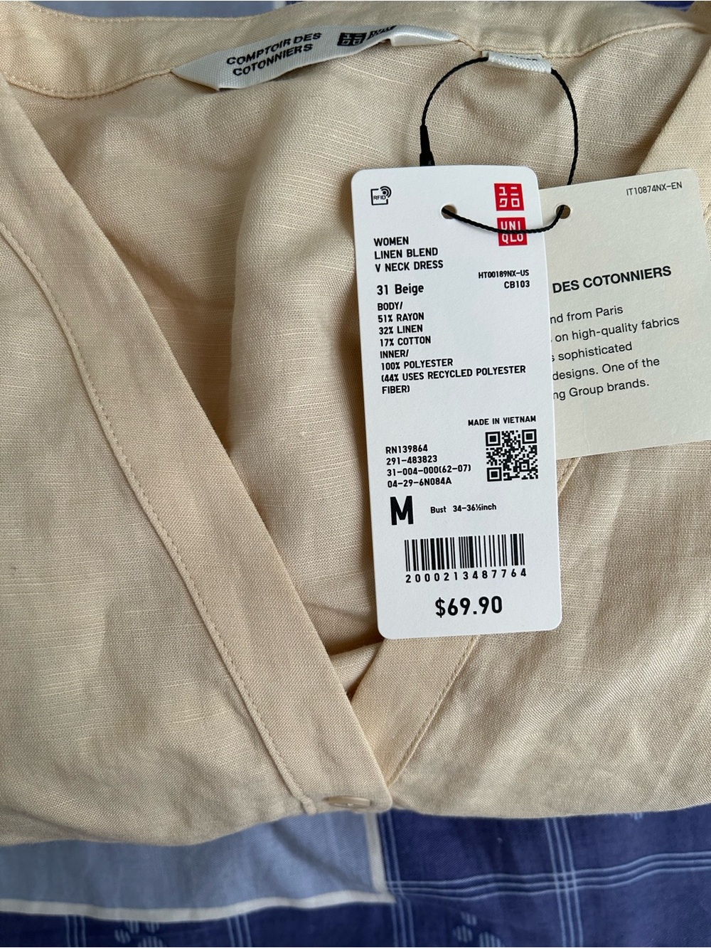Uniqlo Beige Linen Blend V-Neck Dress with Blue Hem Detail
